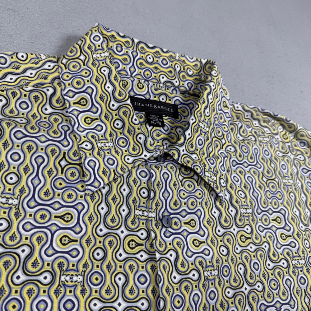 Jhane Barnes Mens XL Silk Blend Geometric Psychedelic Short Sleeve Button Shirt